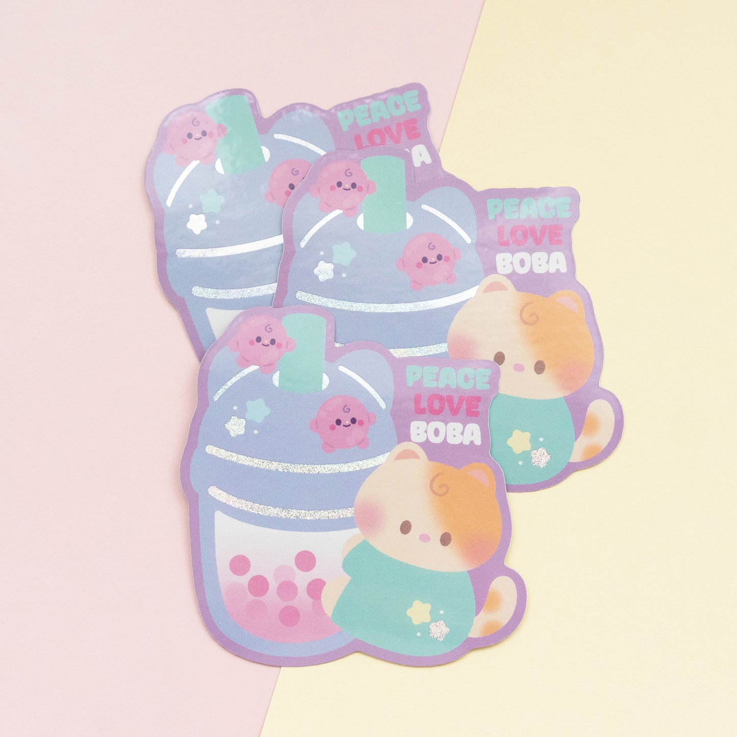 Peace Love Boba Holographic Finish Die-Cut Sticker
