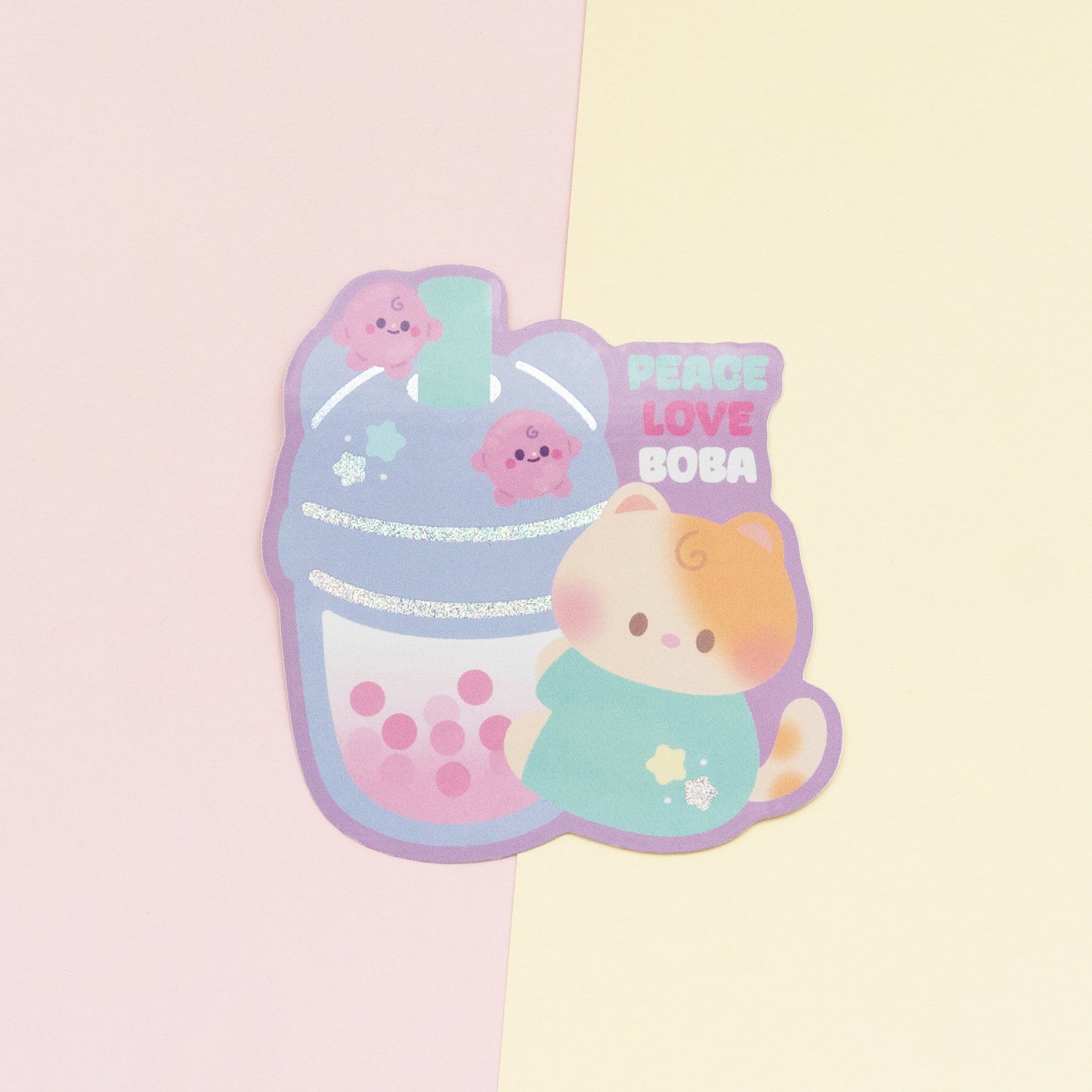 Peace Love Boba Holographic Finish Die-Cut Sticker