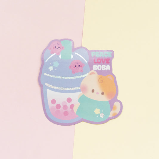 Peace Love Boba Holographic Finish Die-Cut Sticker