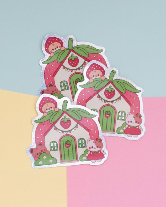 Strawberry House Holographic Finish Die-Cut Sticker
