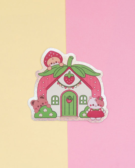 Strawberry House Holographic Finish Die-Cut Sticker