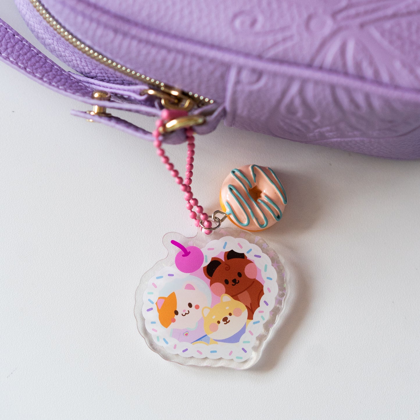 Minty Friends Cream Frame with Donut Charm Holographic Sparkle Acrylic Journal Keyring Keychain