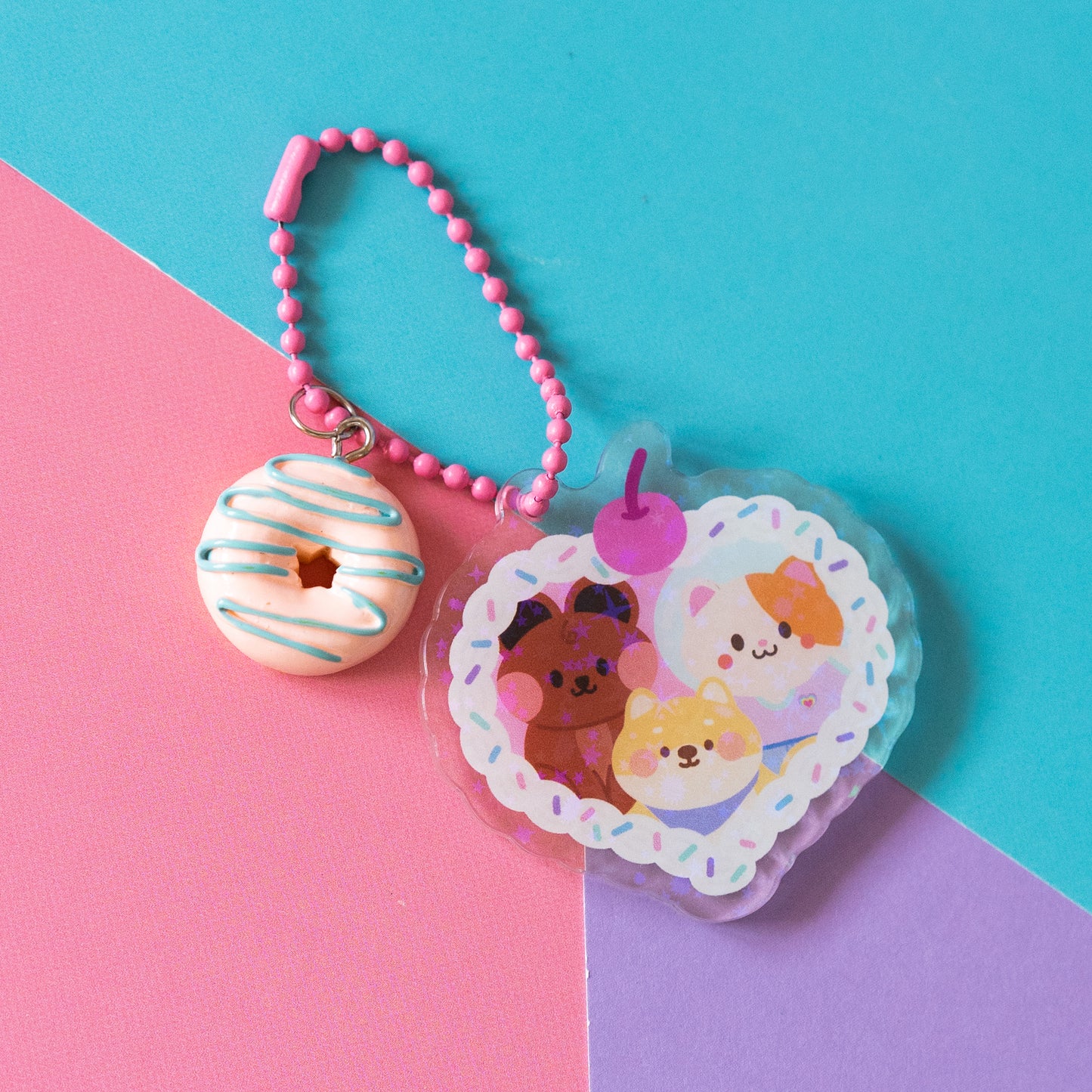 Minty Friends Cream Frame with Donut Charm Holographic Sparkle Acrylic Journal Keyring Keychain