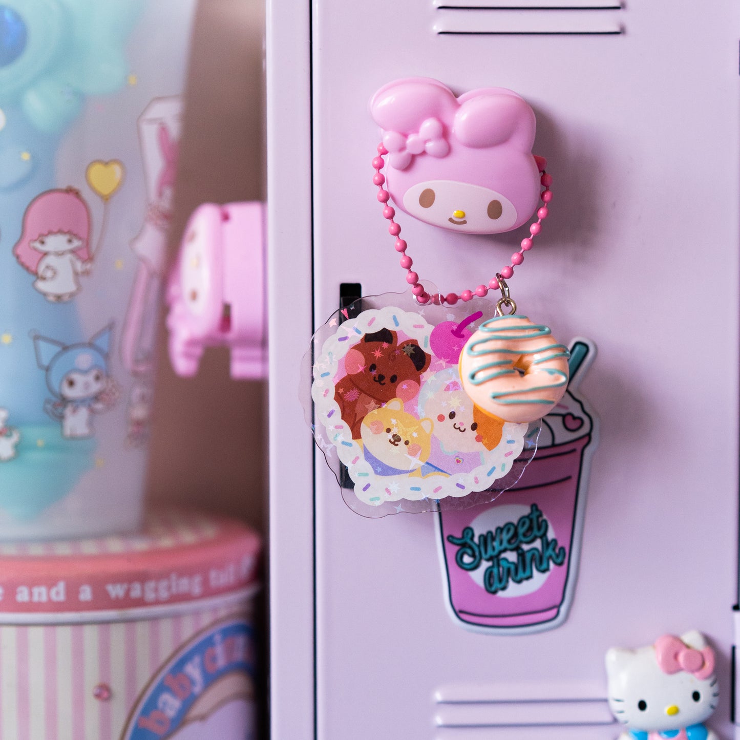 Minty Friends Cream Frame with Donut Charm Holographic Sparkle Acrylic Journal Keyring Keychain