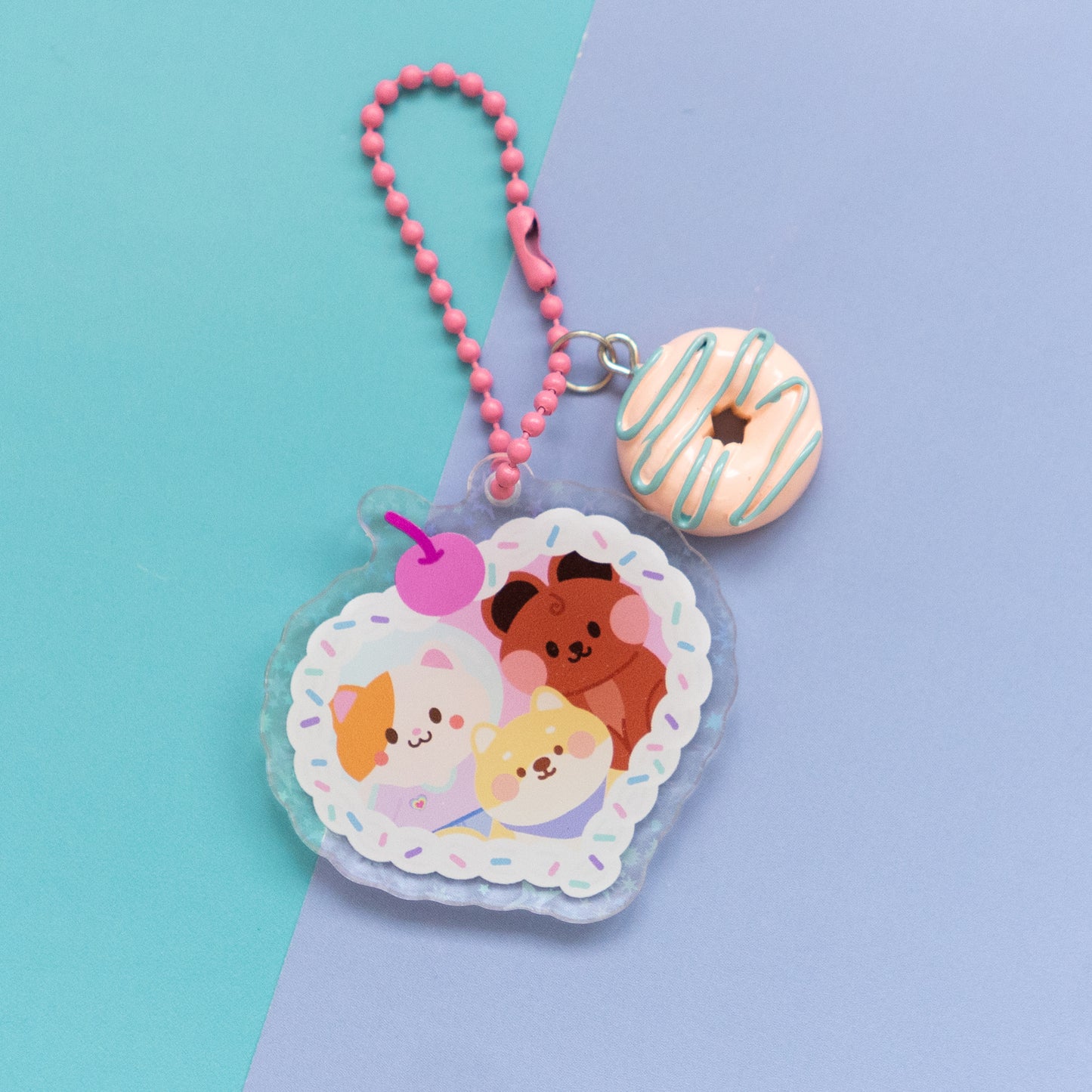 Minty Friends Cream Frame with Donut Charm Holographic Sparkle Acrylic Journal Keyring Keychain