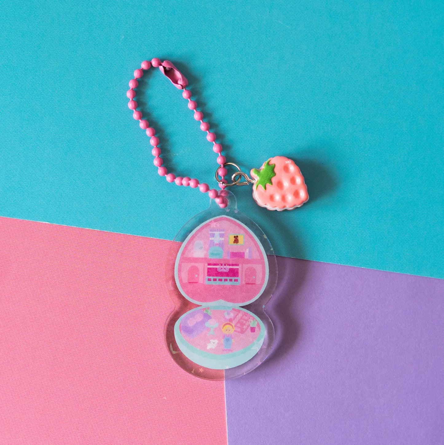 Polly Pocket with Strawberry Charm Holographic Sparkle Acrylic Journal Keyring Keychain