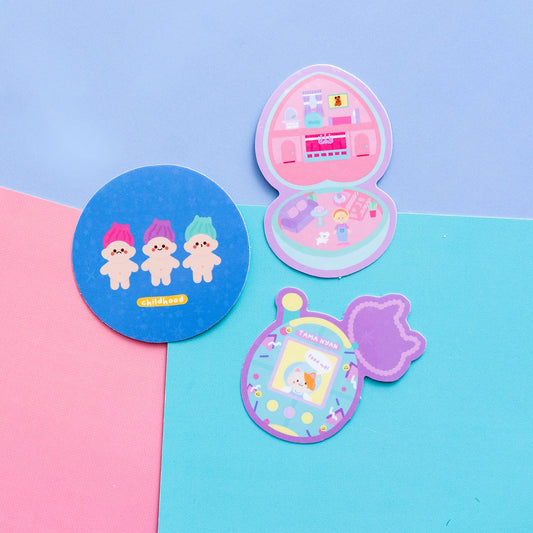 90s Aesthetic Retro Tamagotchi Polly Pocket and Trolls Sparkle Holographic Die-Cut Stickers