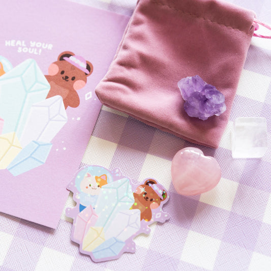Quartz Lover Sticker, Print and Mini Beginner Healing Crystal Set - Rose Quartz, Clear Quartz, Amethyst